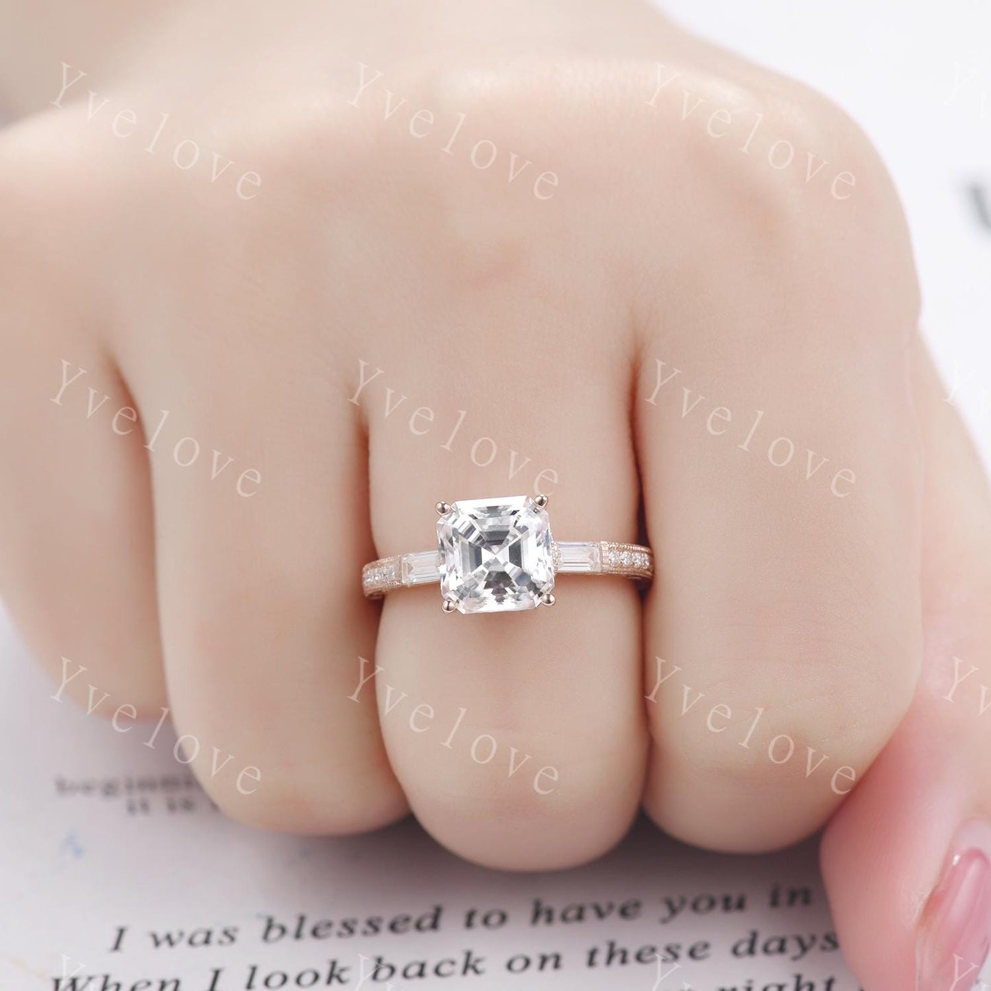 Asscher cut moissanite engagement ring rose gold art deco moissanite wedding band enhancer matching band bridal set anniversary promise ring