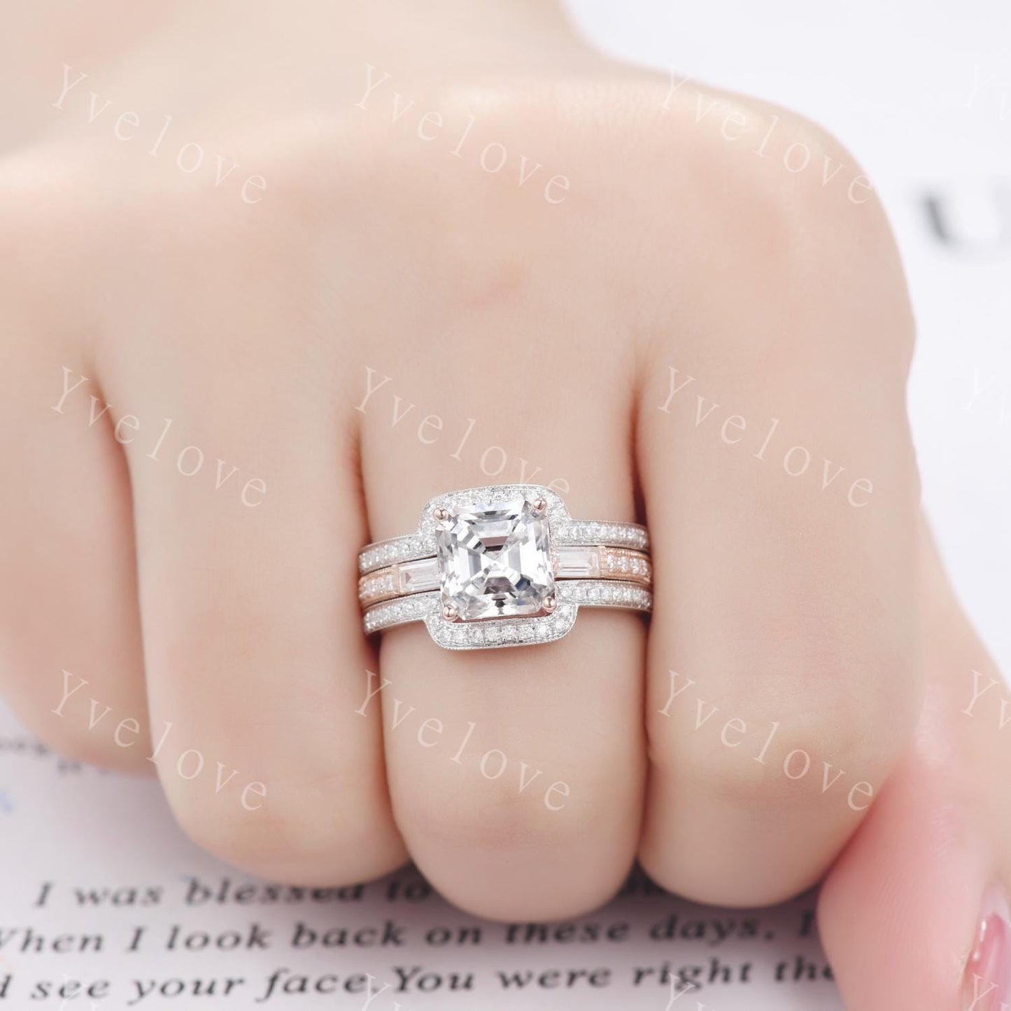 Asscher cut moissanite engagement ring art deco baguette diamond wedding band 14k rose gold hand carved filigree milgrain ring gift for her