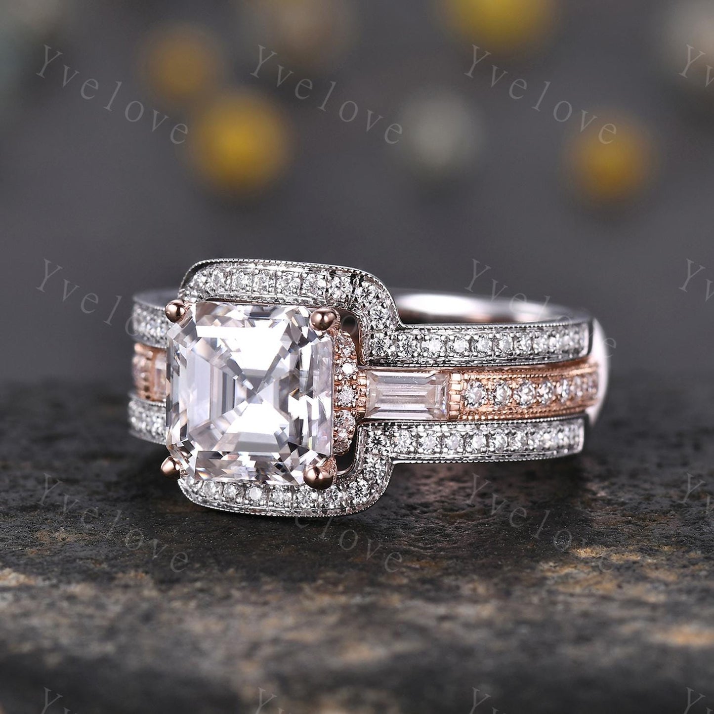 Asscher cut moissanite engagement ring art deco baguette diamond wedding band 14k rose gold hand carved filigree milgrain ring gift for her
