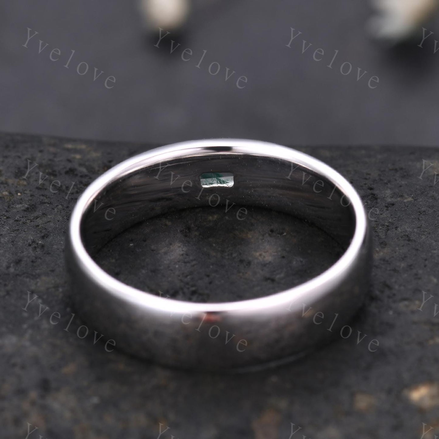 Mens Moss Agate Wedding Band Baguette Cut Natural Agate Band 5mm White Gold Ring Mens Plain Stacking Matching Band Retro Vintage Ring Gift