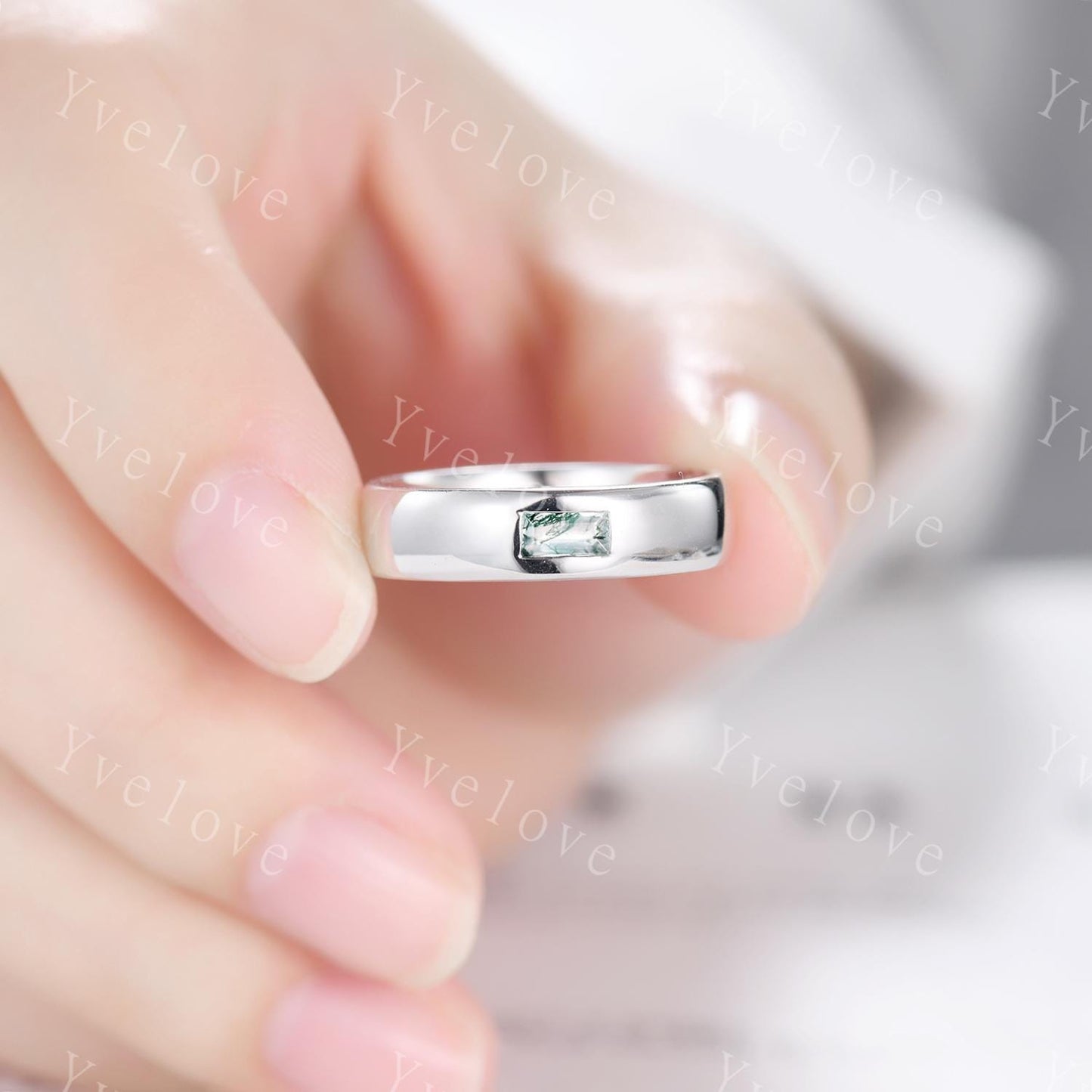 Mens Moss Agate Wedding Band Baguette Cut Natural Agate Band 5mm White Gold Ring Mens Plain Stacking Matching Band Retro Vintage Ring Gift