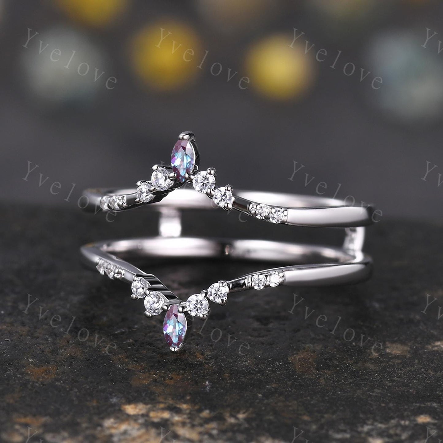 Dainty Alexandrite wedding band V Curved Diamond wedding band Enhancer Band Silver Stacking Matching Band Bridal Promise Anniversary Gift