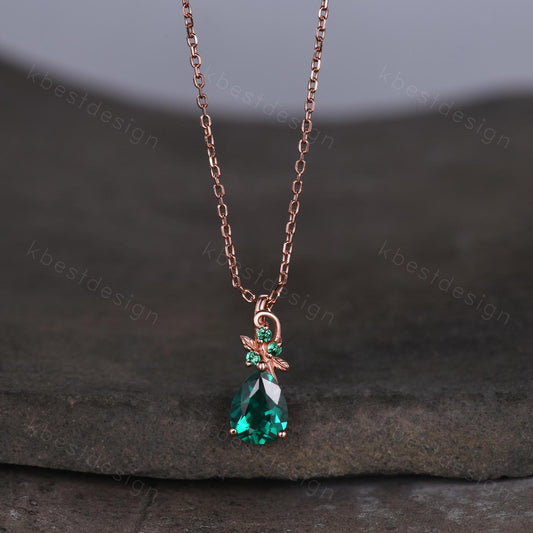 Nature inspired emerald necklace vintage women rose gold necklace unique leaf emerald pendant art deco pear cut pendant bridal promise gift