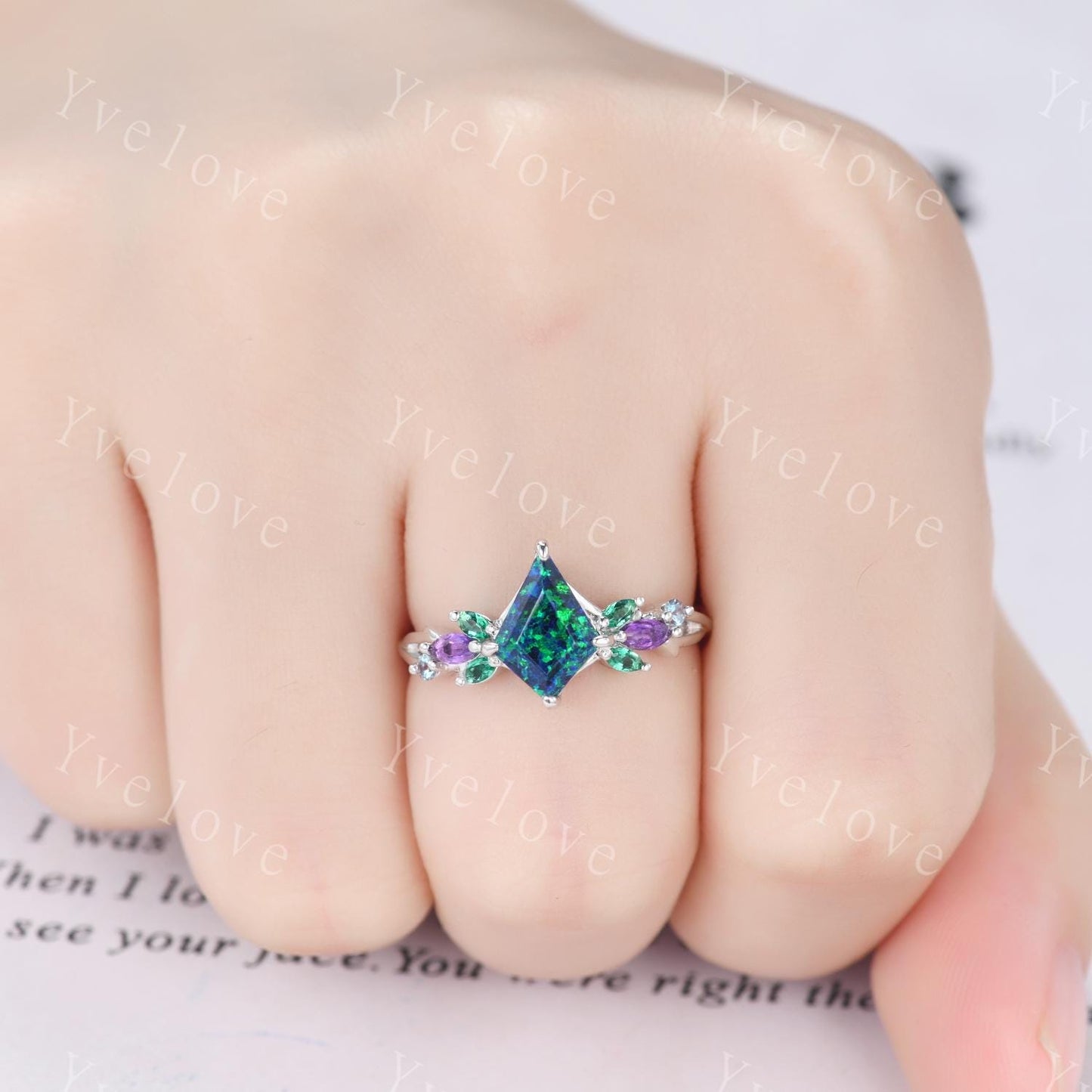Vintage Kite Black Opal Engagement Ring Set,Silver,Vines Amethyst Emerald Ring,Women Bridal Set,Unique Twig Anniversary Promise Ring Gift