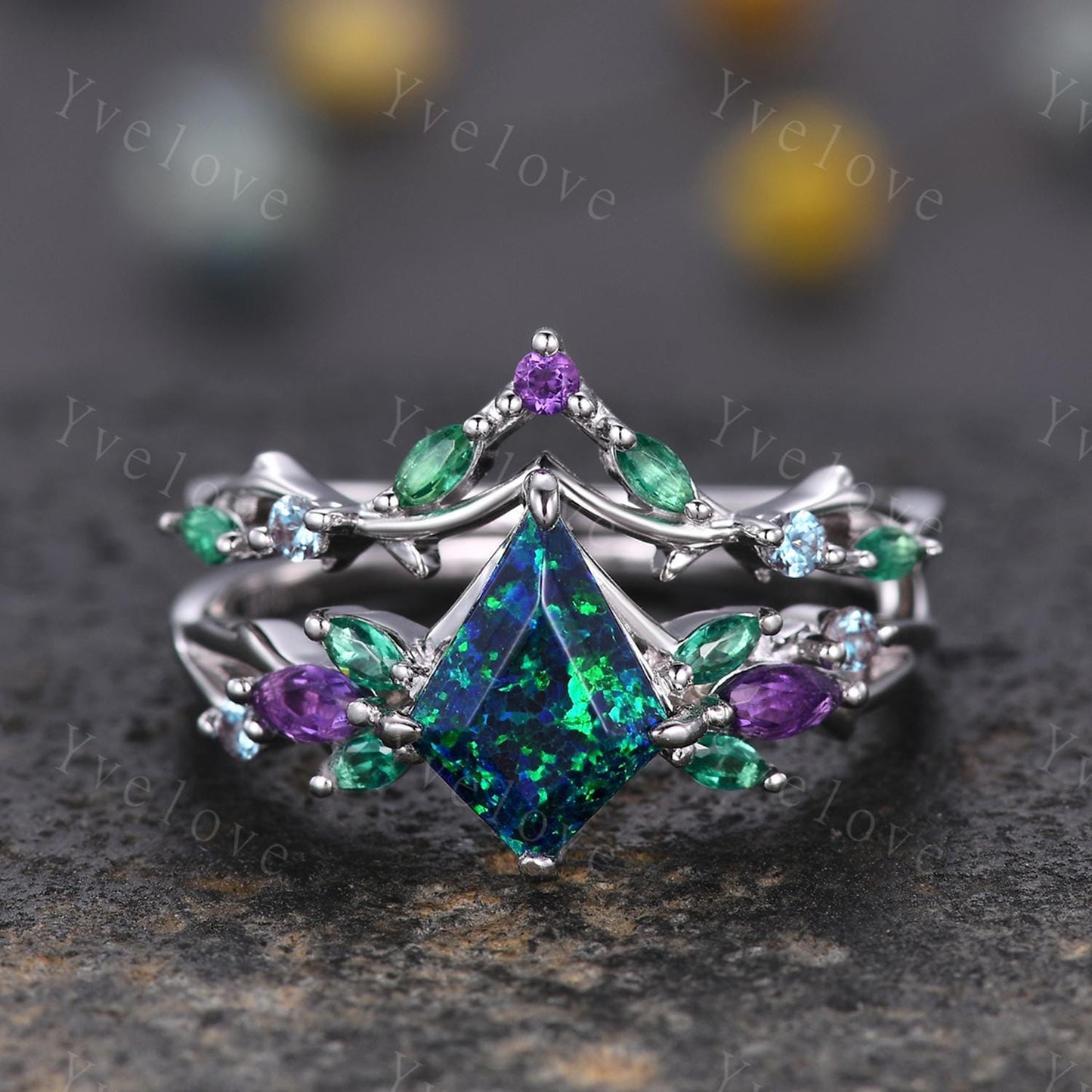 Vintage Kite Black Opal Engagement Ring,White Gold,Vines Amethyst Emerald Ring,Women Bridal Set,Unique Twig Anniversary Promise Ring Gift