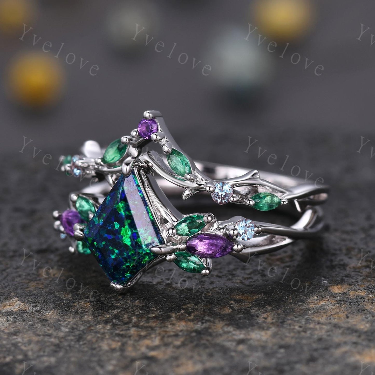 Vintage Kite Black Opal Engagement Ring Set,Silver,Vines Amethyst Emerald Ring,Women Bridal Set,Unique Twig Anniversary Promise Ring Gift