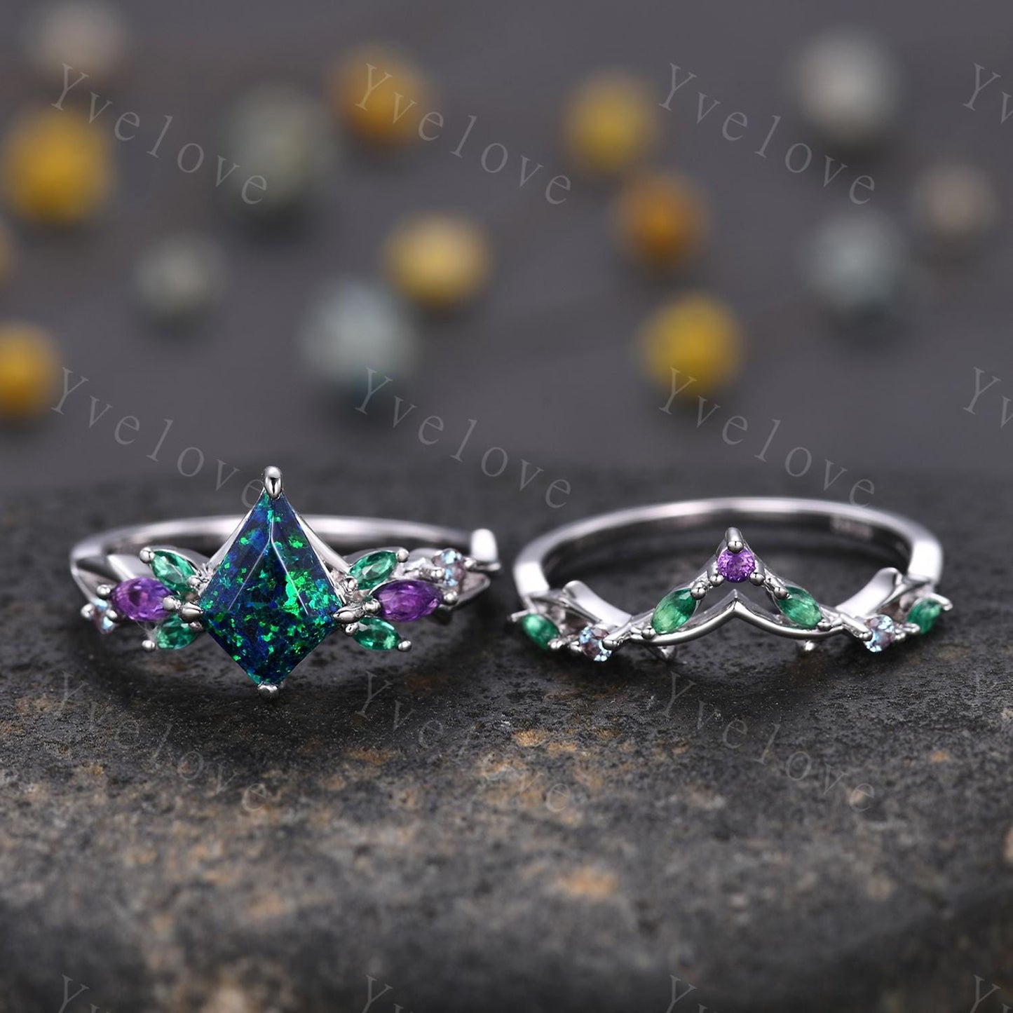 Vintage Kite Black Opal Engagement Ring Set,Silver,Vines Amethyst Emerald Ring,Women Bridal Set,Unique Twig Anniversary Promise Ring Gift