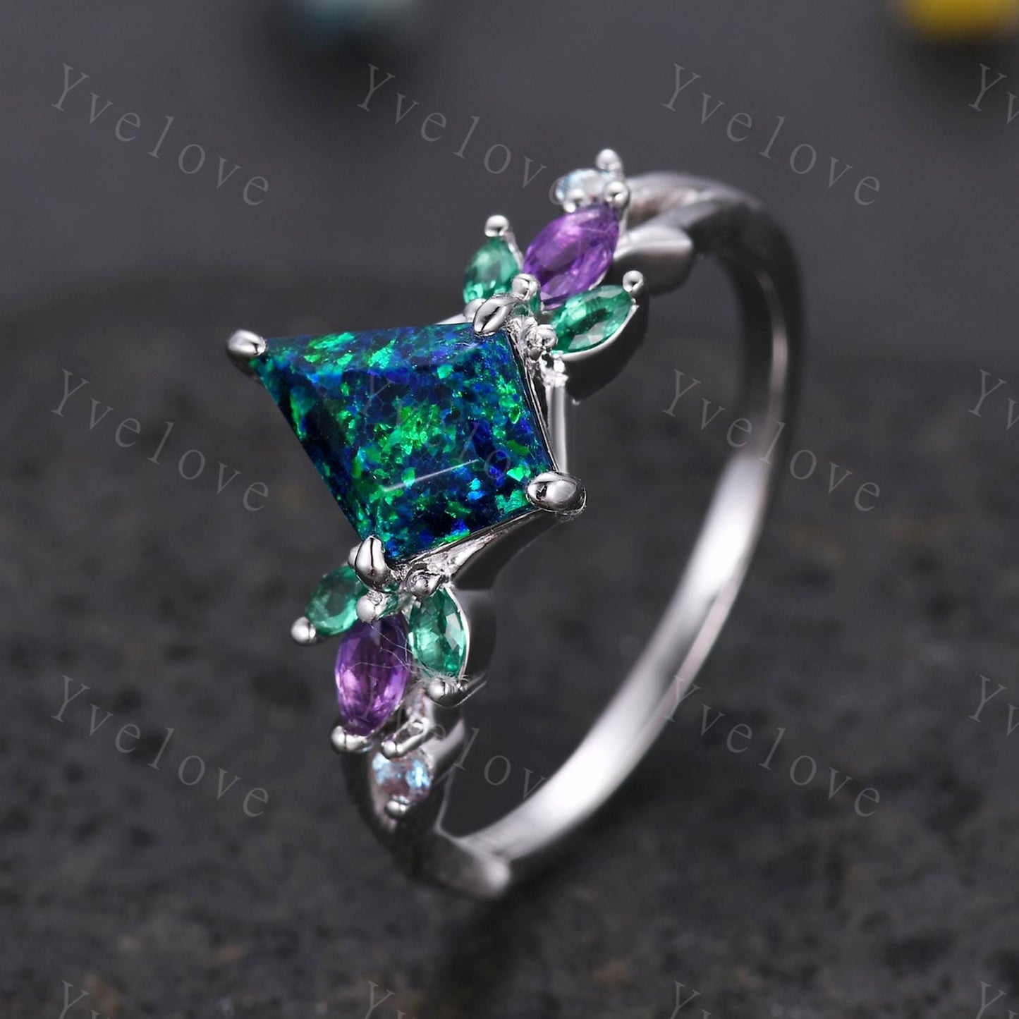Vintage Kite Black Opal Engagement Ring Set,Silver,Vines Amethyst Emerald Ring,Women Bridal Set,Unique Twig Anniversary Promise Ring Gift