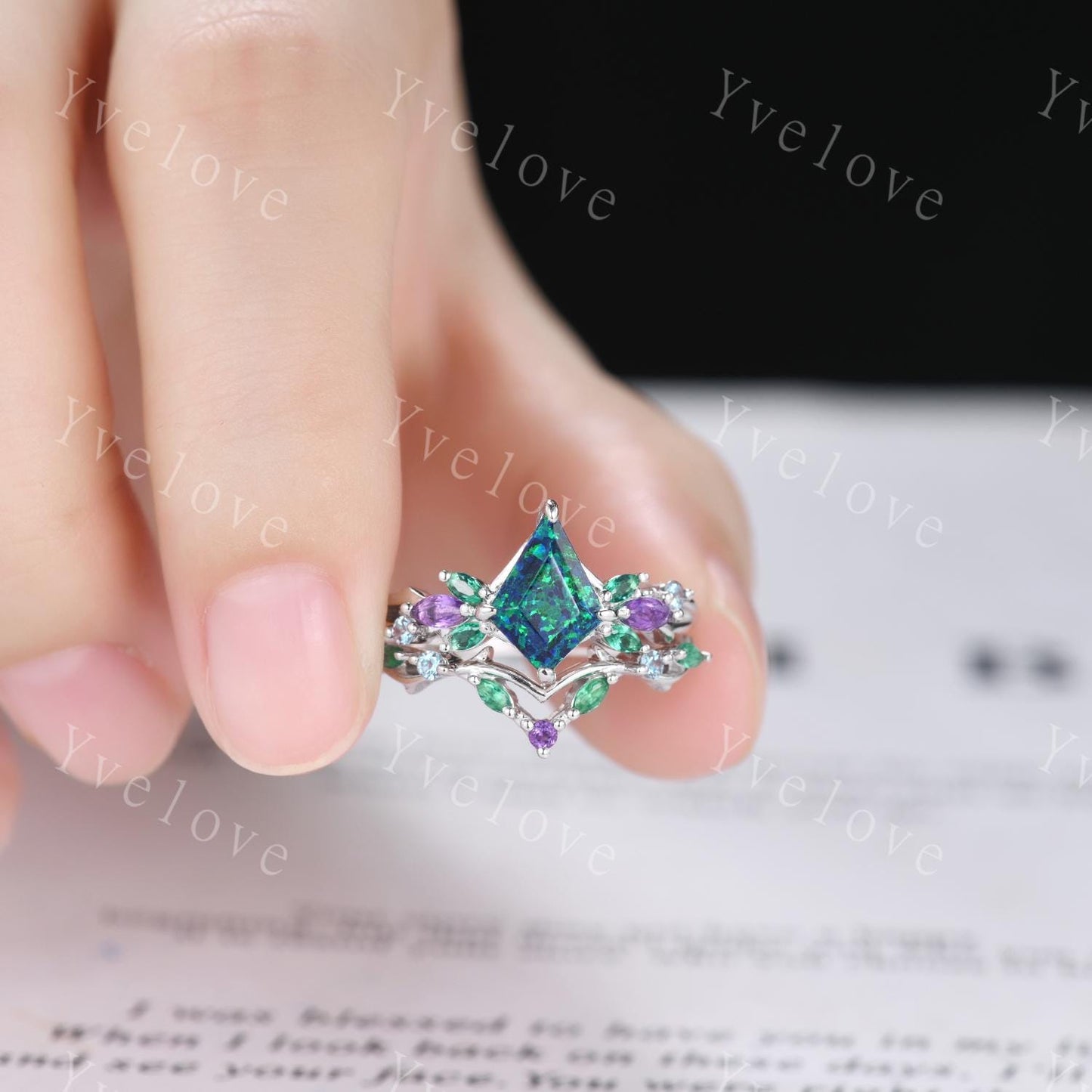Vintage Kite Black Opal Engagement Ring Set,Silver,Vines Amethyst Emerald Ring,Women Bridal Set,Unique Twig Anniversary Promise Ring Gift