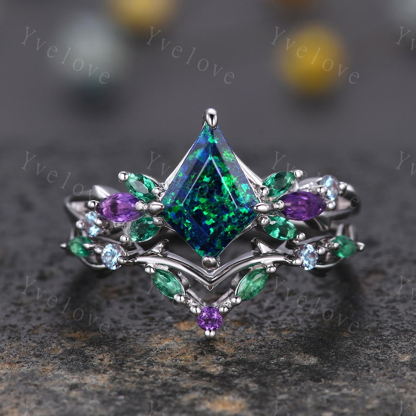 Vintage Kite Black Opal Engagement Ring Set,Silver,Vines Amethyst Emerald Ring,Women Bridal Set,Unique Twig Anniversary Promise Ring Gift