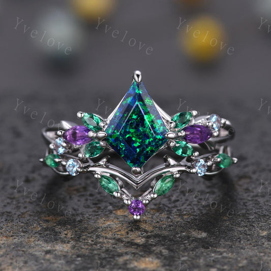 Vintage Kite Black Opal Engagement Ring Set,Silver,Vines Amethyst Emerald Ring,Women Bridal Set,Unique Twig Anniversary Promise Ring Gift