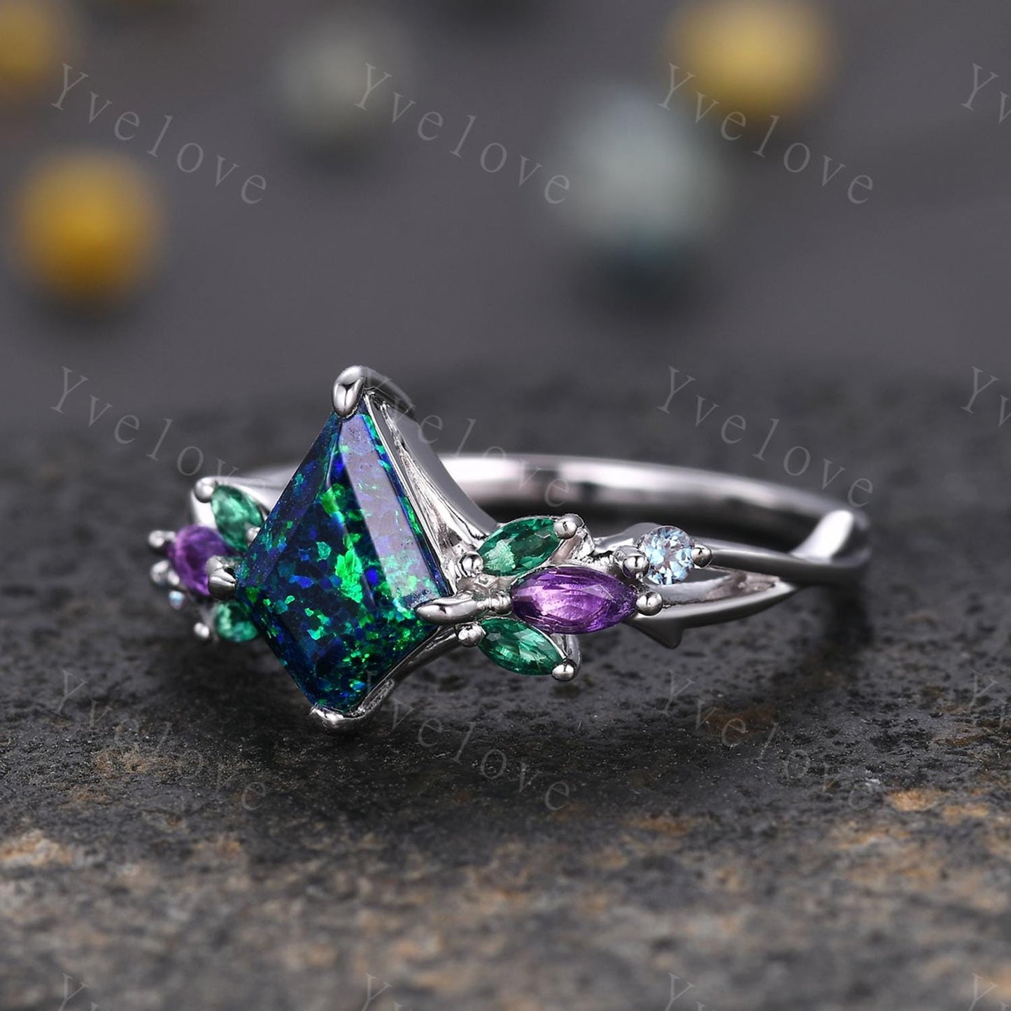 Vintage Kite Black Opal Engagement Ring,White Gold,Vines Amethyst Emerald Ring,Women Bridal Set,Unique Twig Anniversary Promise Ring Gift