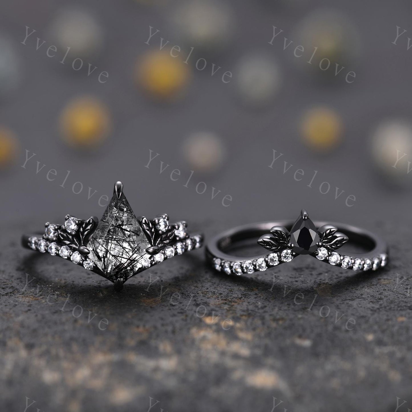 Retro Kite Black Rutilate Quartz Engagement Ring Set,Gothic Leaf Nature Inspired Black Gold Ring,Black Gem Diamond Bridal Ring Gift Custom
