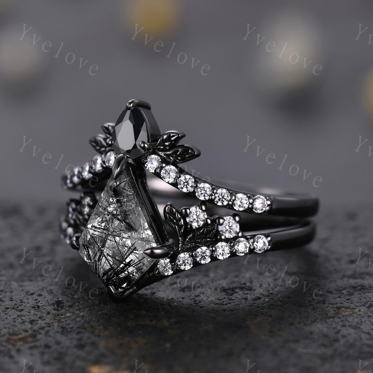 Retro Kite Black Rutilate Quartz Engagement Ring Set,Gothic Leaf Nature Inspired Black Gold Ring,Black Gem Diamond Bridal Ring Gift Custom