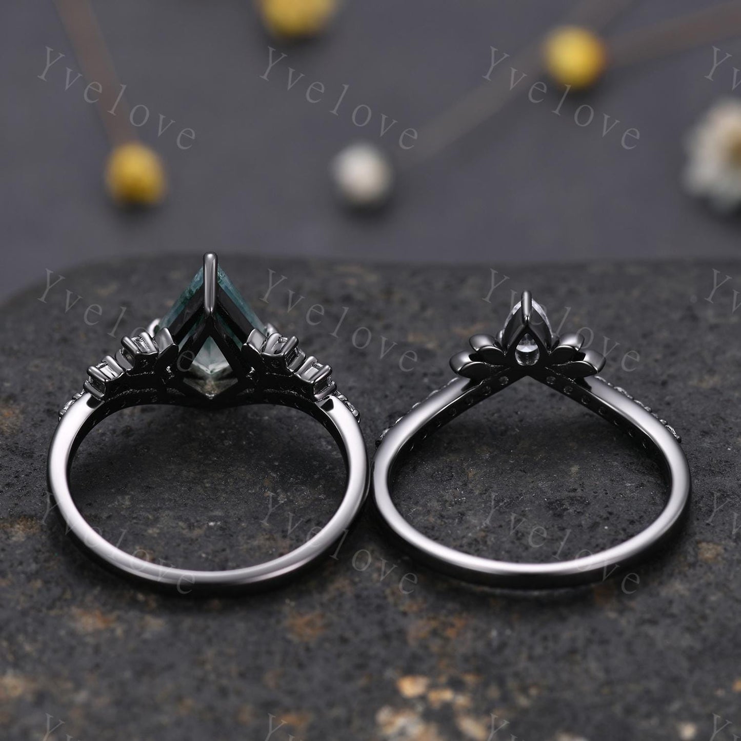 Retro Kite Salt Pepper Diamond Engagement Ring Set,Gothic Leaf Nature Inspired Black Gold Ring,Black Gem Diamond Bridal Ring Women Gift