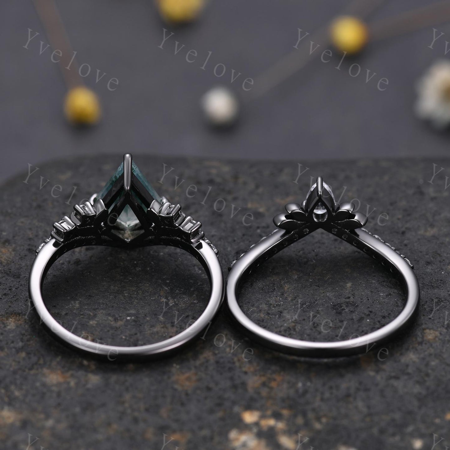 Retro Kite Blue Sandstone Engagement Ring Set,Gothic Leaf Nature Inspired Black Gold Ring,Black Gem Diamond Bridal Ring Women Galaxy Ring
