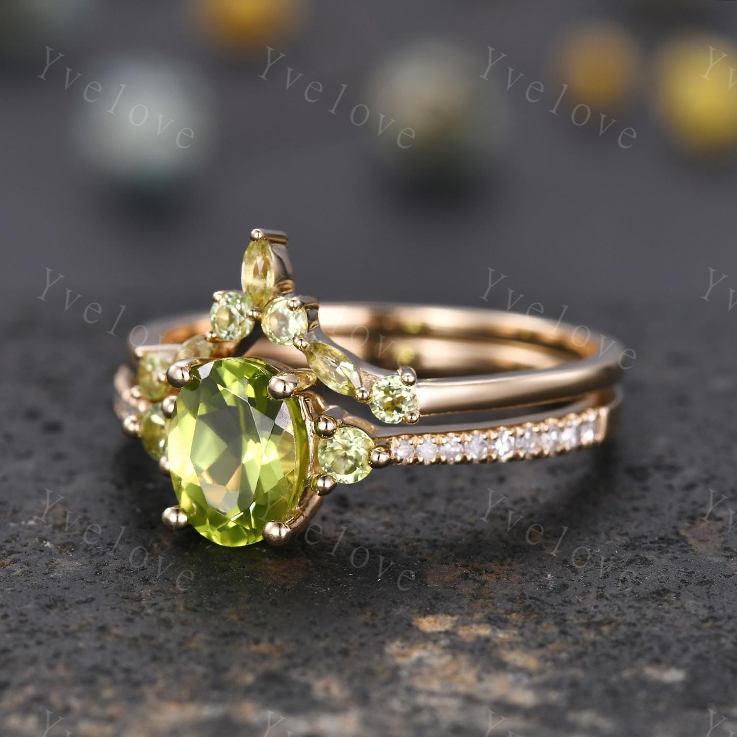 Oval Cut Peridot Engagement Ring Set,Peridot Wedding Ring Set,August Birthstone,Diamond Stacking Wedding Band for Women Anniversary Gift