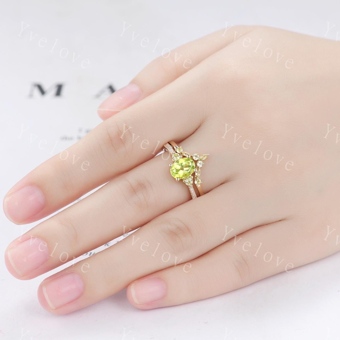 Oval Cut Peridot Engagement Ring Set,Peridot Wedding Ring Set,August Birthstone,Diamond Stacking Wedding Band for Women Anniversary Gift