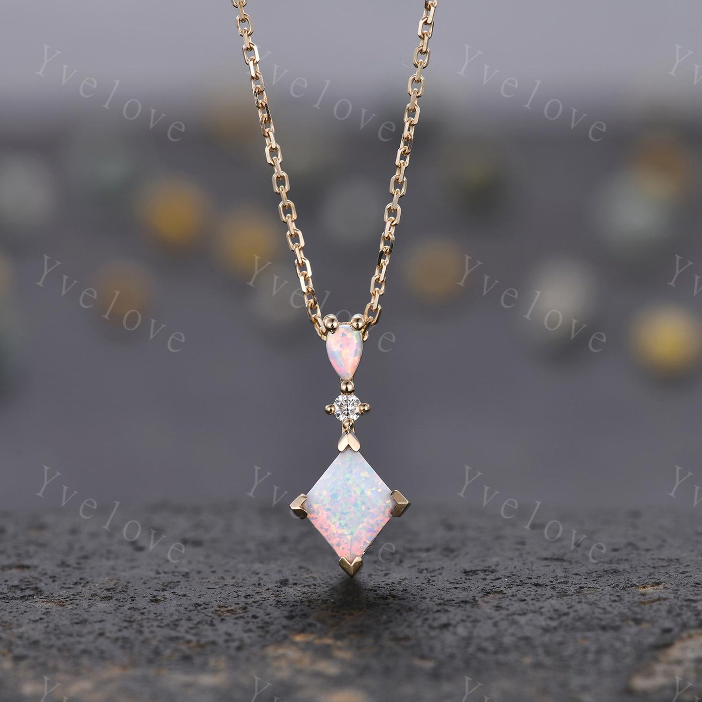 Vintage unique lozenge white opal necklace solid 10k gold opal diamond personalized pendant for women anniversary bridal gift for her