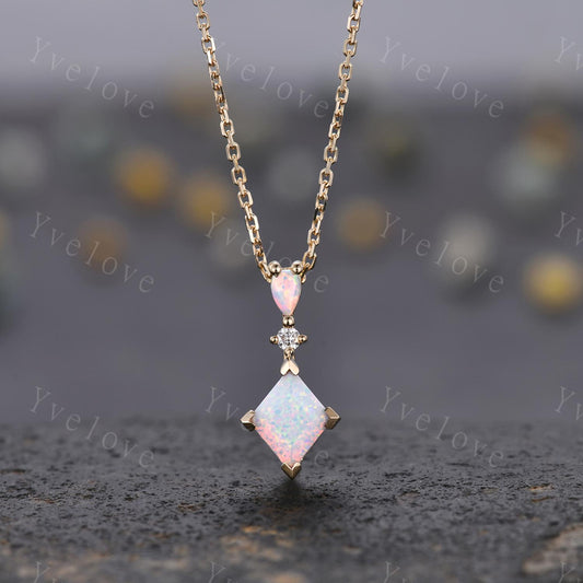 Vintage unique lozenge white opal necklace solid 10k gold opal diamond personalized pendant for women anniversary bridal gift for her