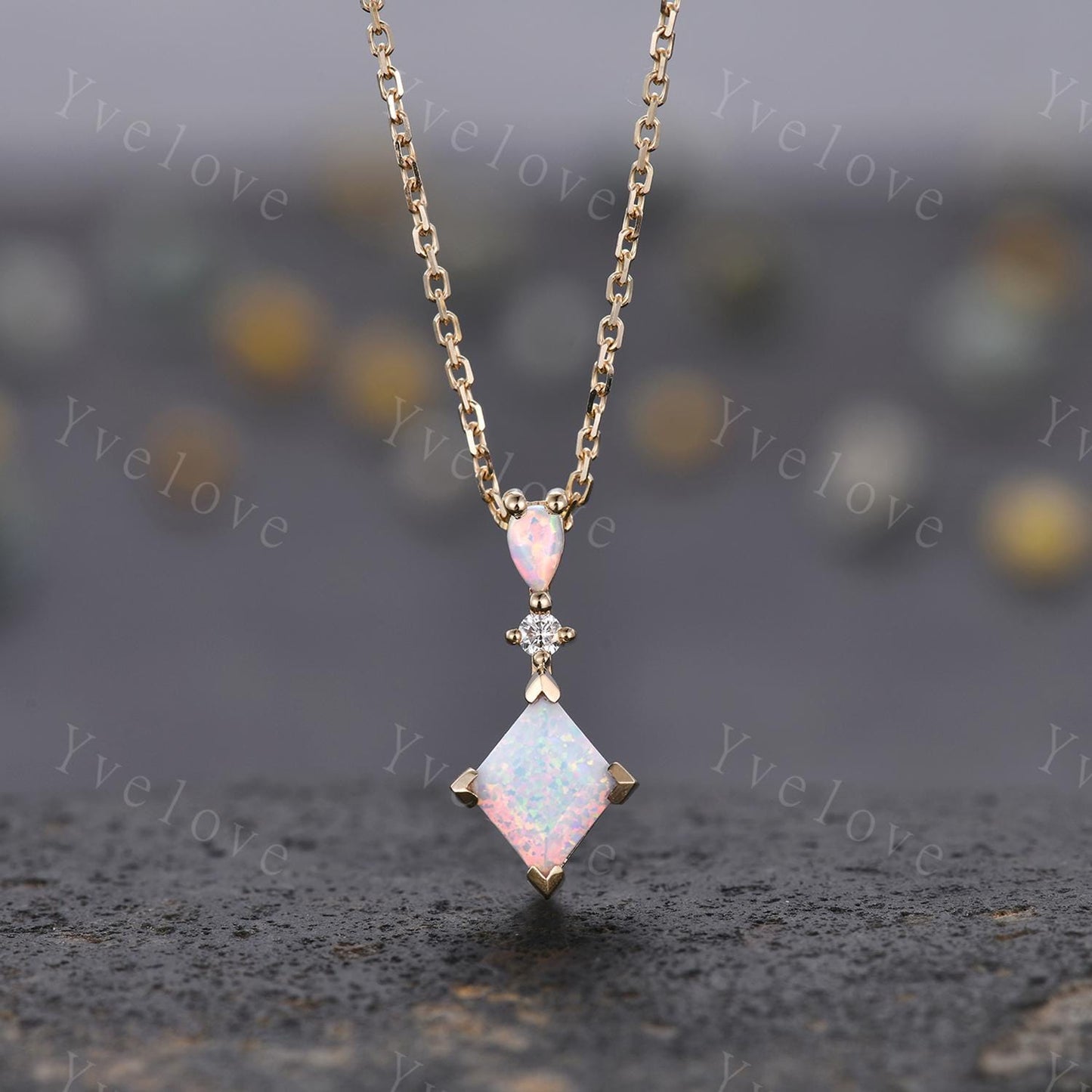 Vintage unique lozenge white opal necklace solid 14k rose gold opal diamond personalized pendant for women anniversary bridal gift for her