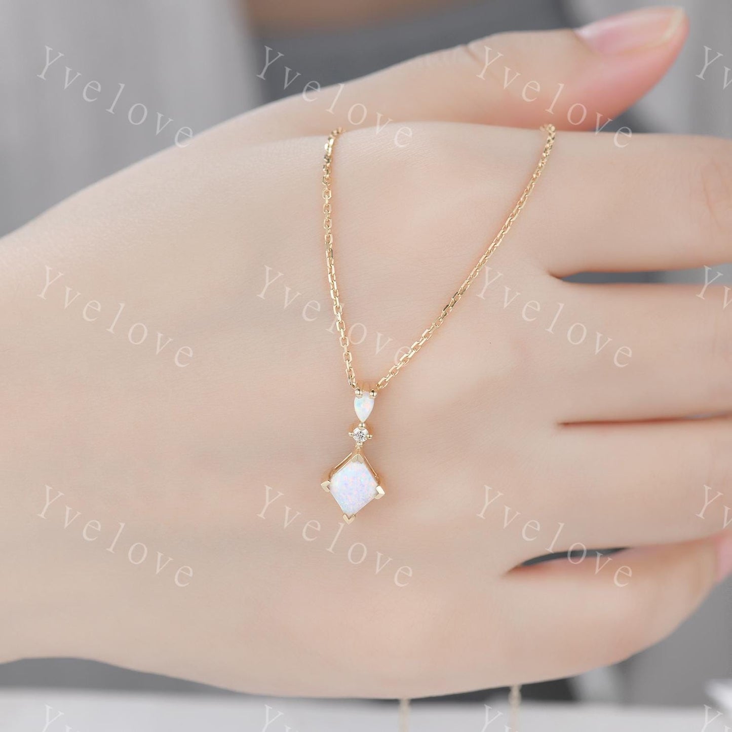 Vintage unique lozenge white opal necklace solid 10k gold opal diamond personalized pendant for women anniversary bridal gift for her