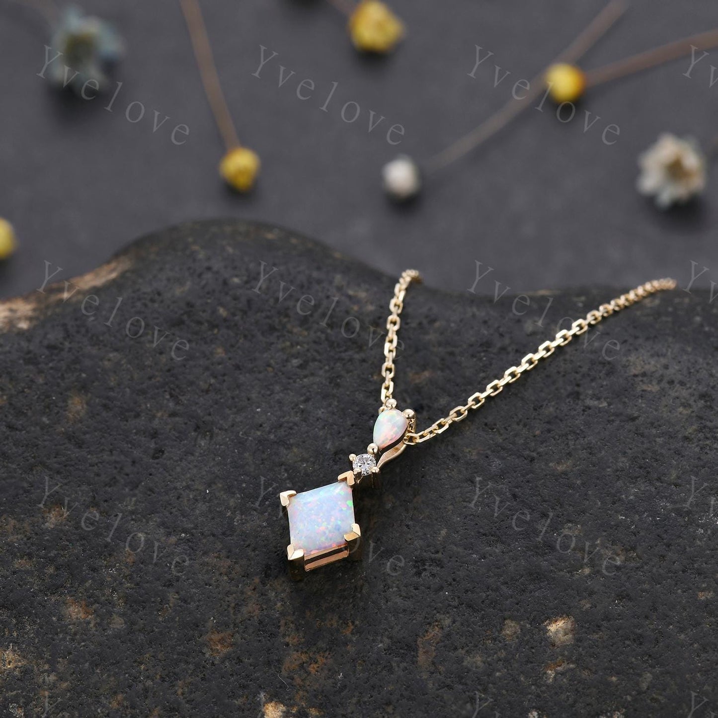Vintage unique lozenge white opal necklace solid 14k rose gold opal diamond personalized pendant for women anniversary bridal gift for her