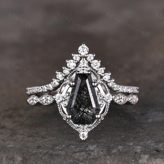 Vintage black rutilated quartz engagement ring silver ring art deco curved stacking band coffin cut bridal set unique moissanite wedding set