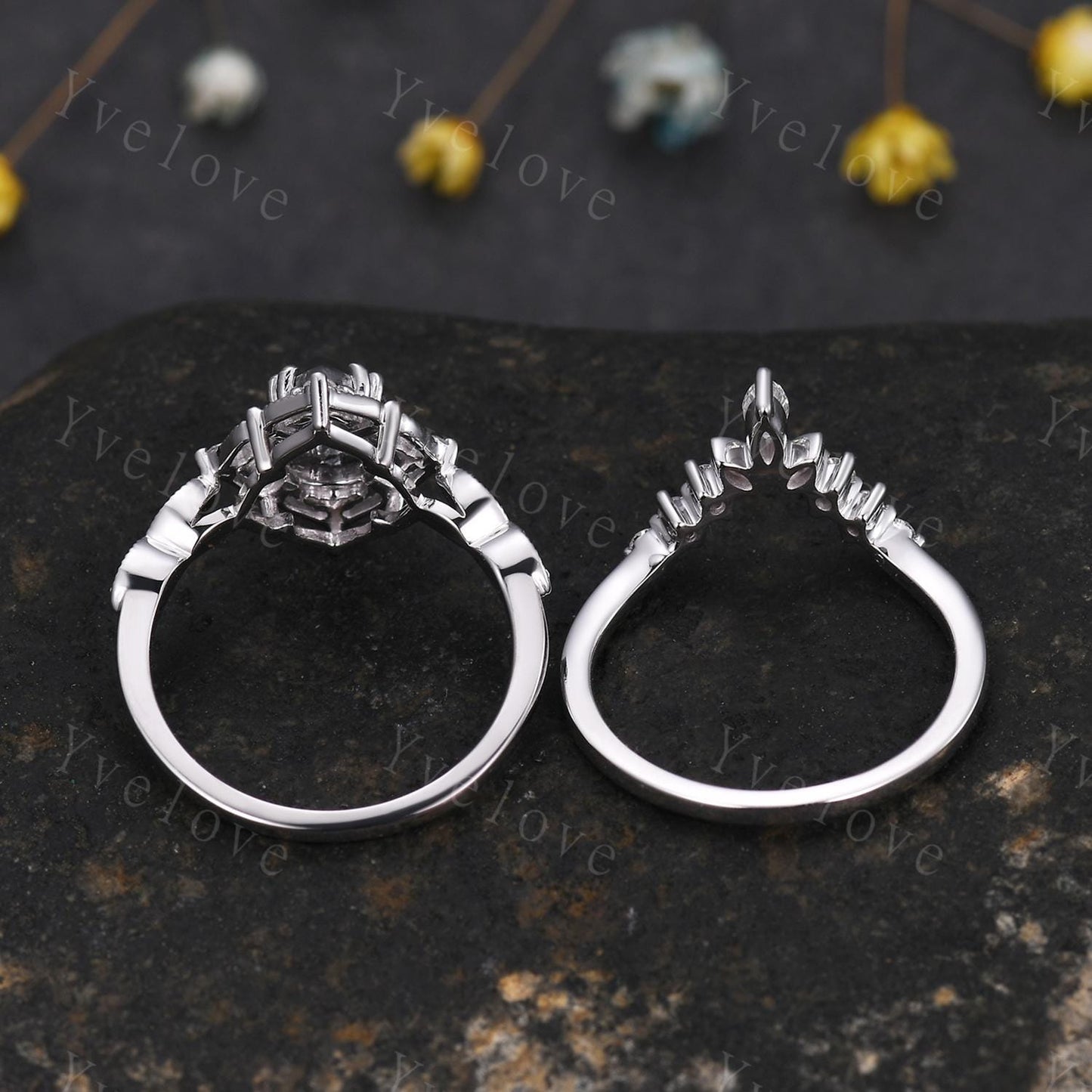 Vintage Salt and Pepper Diamond Engagement Ring,Teardrop Diamond Ring Set,14K White Ring,Unique Women Promise Ring For Her,Handmade Gift