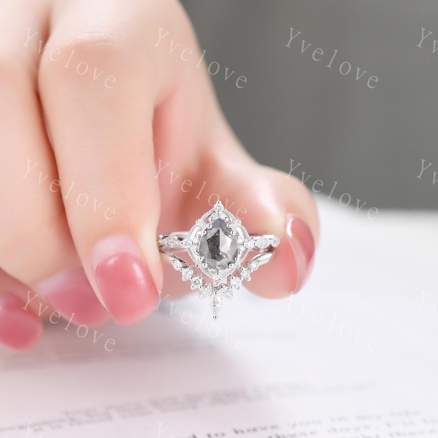 Vintage Salt and Pepper Diamond Engagement Ring,Teardrop Diamond Ring Set,14K White Ring,Unique Women Promise Ring For Her,Handmade Gift