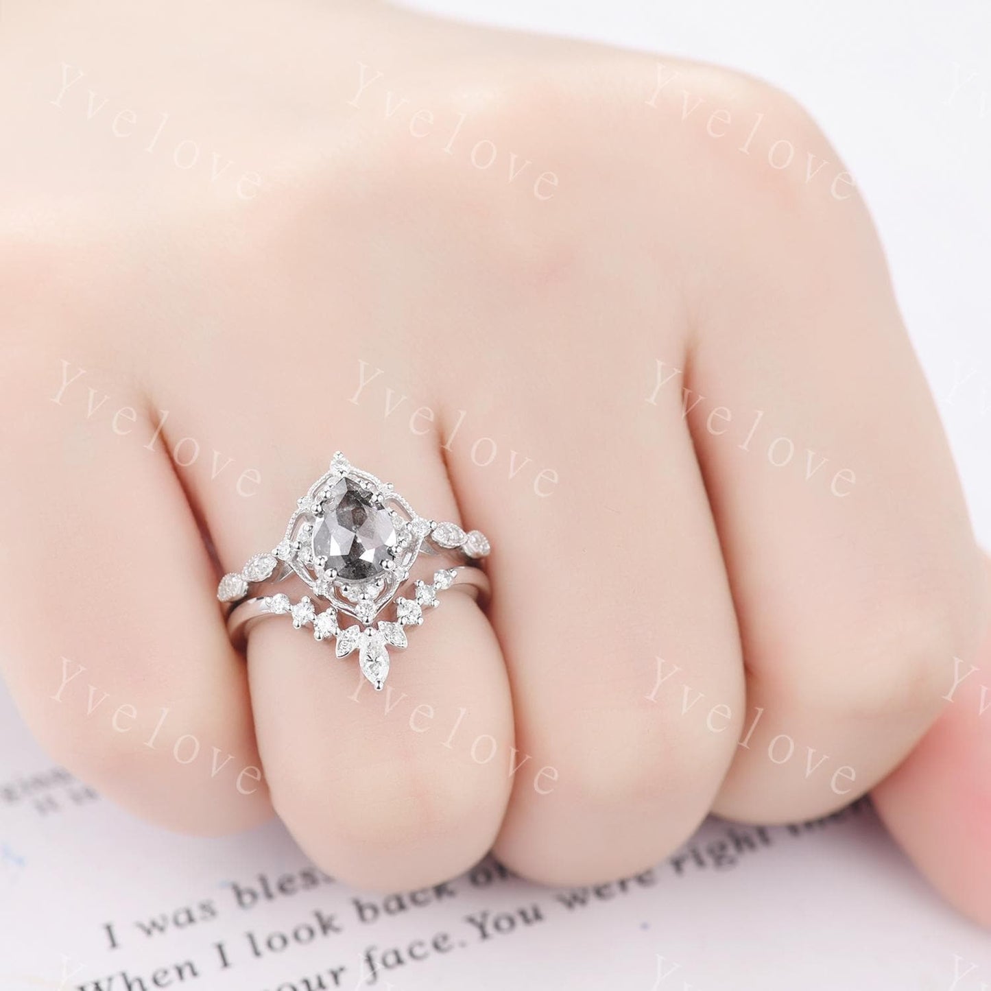 Vintage Salt and Pepper Diamond Engagement Ring,Teardrop Diamond Ring Set,14K White Ring,Unique Women Promise Ring For Her,Handmade Gift