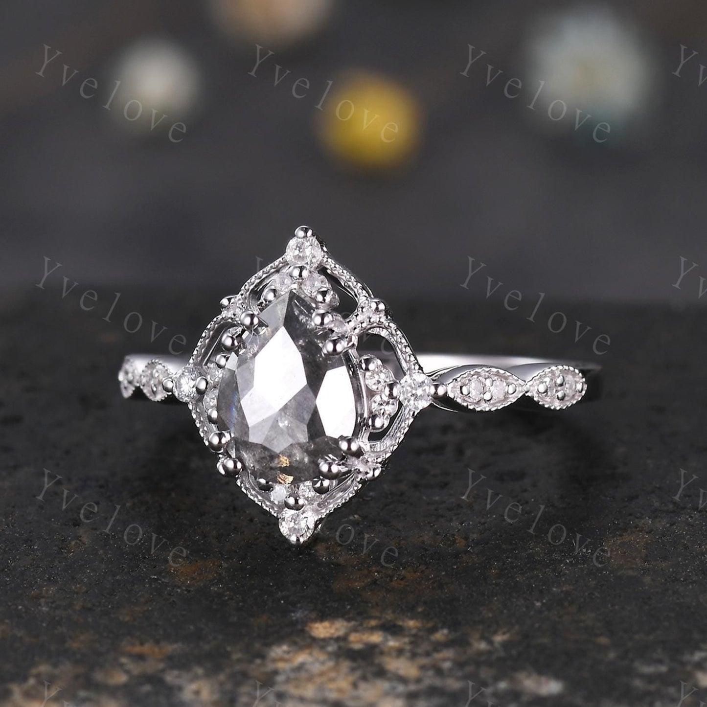 Vintage Salt and Pepper Diamond Engagement Ring,Teardrop Diamond Ring Set,14K White Ring,Unique Women Promise Ring For Her,Handmade Gift