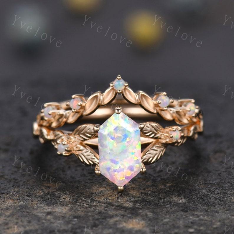 Vintage Hexagon White Opal Engagement Ring 14k Solid Gold Ring Cluster Leaf Opal Wedding Band Matching Stacking Ring Promise Gift Bridal Set