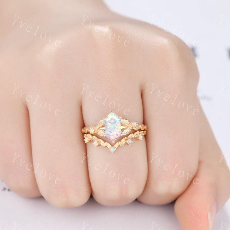 Vintage Hexagon White Opal Engagement Ring 14k Solid Gold Ring Cluster Leaf Opal Wedding Band Matching Stacking Ring Promise Gift Bridal Set