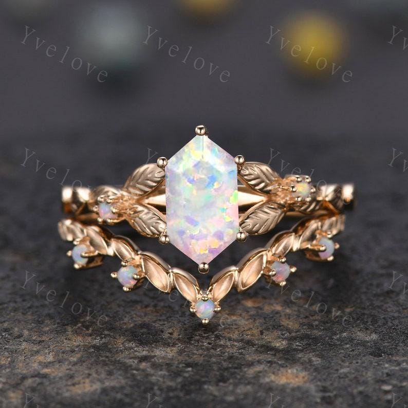 Vintage Hexagon White Opal Engagement Ring 14k Solid Gold Ring Cluster Leaf Opal Wedding Band Matching Stacking Ring Promise Gift Bridal Set