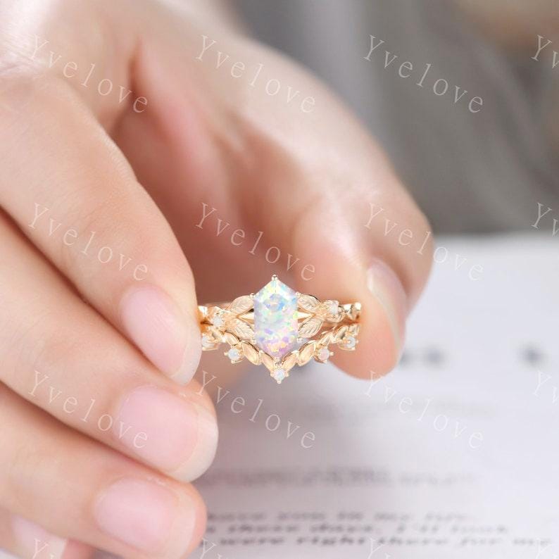 Vintage Hexagon White Opal Engagement Ring 14k Solid Gold Ring Cluster Leaf Opal Wedding Band Matching Stacking Ring Promise Gift Bridal Set