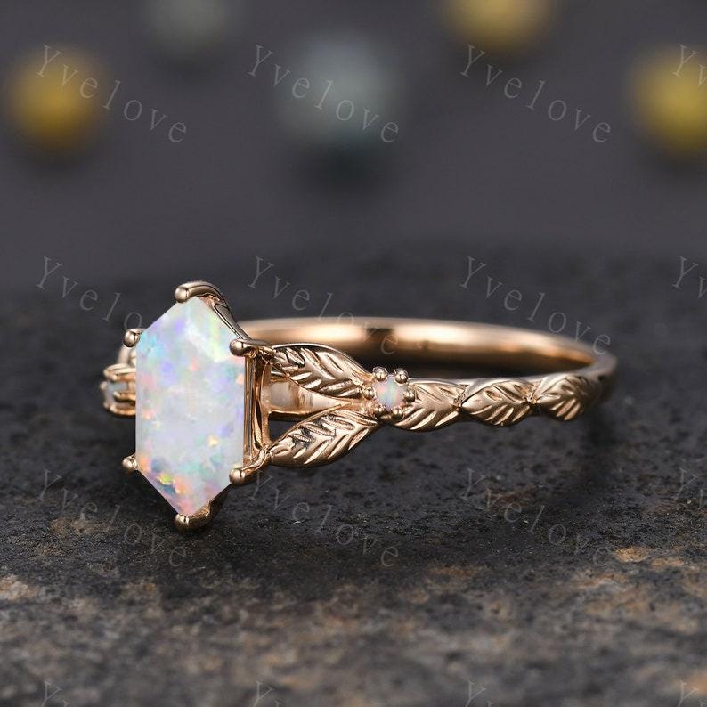 Vintage Hexagon White Opal Engagement Ring 14k Solid Gold Ring Cluster Leaf Opal Wedding Band Matching Stacking Ring Promise Gift Bridal Set