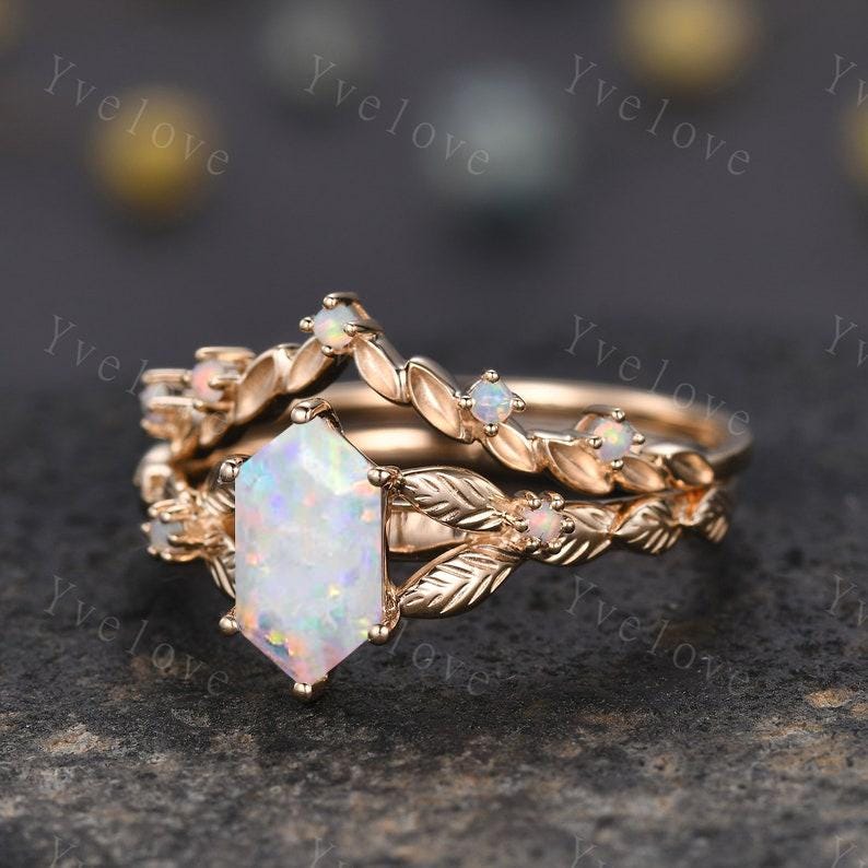 Vintage Hexagon White Opal Engagement Ring 14k Solid Gold Ring Cluster Leaf Opal Wedding Band Matching Stacking Ring Promise Gift Bridal Set