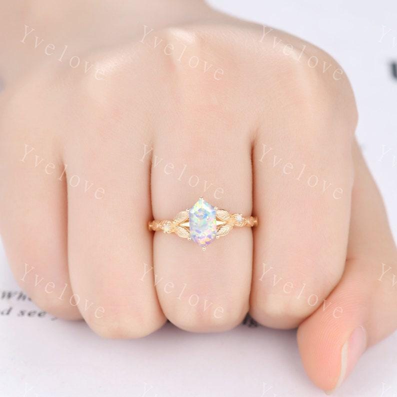 Vintage Hexagon White Opal Engagement Ring 14k Solid Gold Ring Cluster Leaf Opal Wedding Band Matching Stacking Ring Promise Gift Bridal Set
