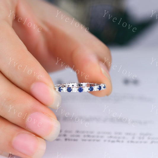 2mm blue sapphire diamond engagement ring eternity band 14k solid white gold moissanite matching stacking ring custom jewelry Christmas gift