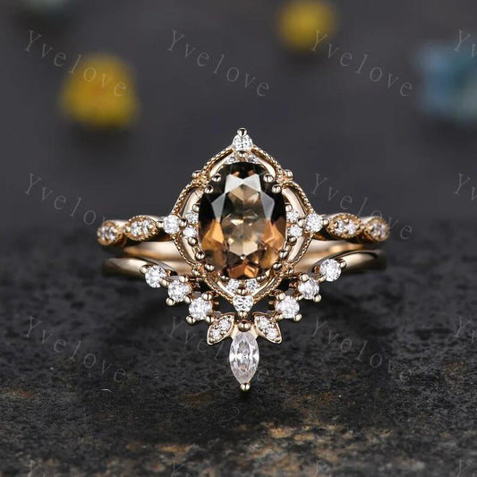 Vintage Smoky Quartz Engagement Ring Set,Oval Brown Quartz Ring,14K Solid Gold Ring,Unique Women Moissanite Promise Ring For Her,Handmade