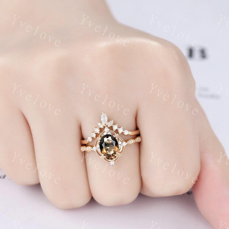 Vintage Smoky Quartz Engagement Ring,Oval Shape Brown Quartz Ring,14K Solid Gold Ring,Unique Women Moissanite Promise Ring For Her,Handmade