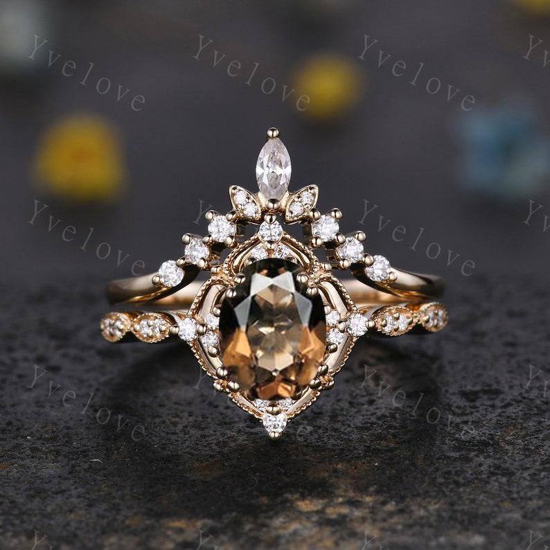Vintage Smoky Quartz Engagement Ring,Oval Shape Brown Quartz Ring,14K Solid Gold Ring,Unique Women Moissanite Promise Ring For Her,Handmade
