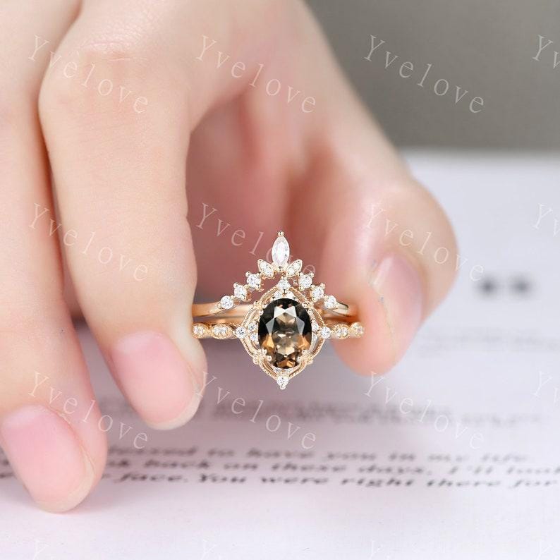 Vintage Smoky Quartz Engagement Ring,Oval Shape Brown Quartz Ring,14K Solid Gold Ring,Unique Women Moissanite Promise Ring For Her,Handmade