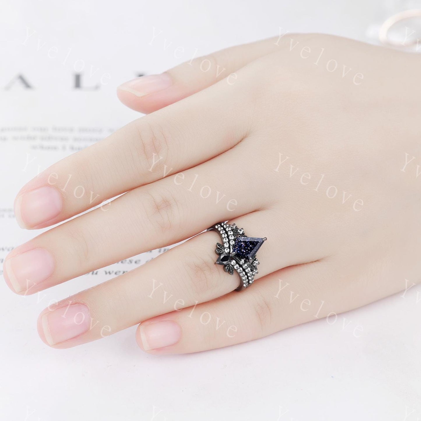 Retro Kite Blue Sandstone Engagement Ring Set,Gothic Leaf Nature Inspired Black Gold Ring,Black Gem Diamond Bridal Ring Women Galaxy Ring