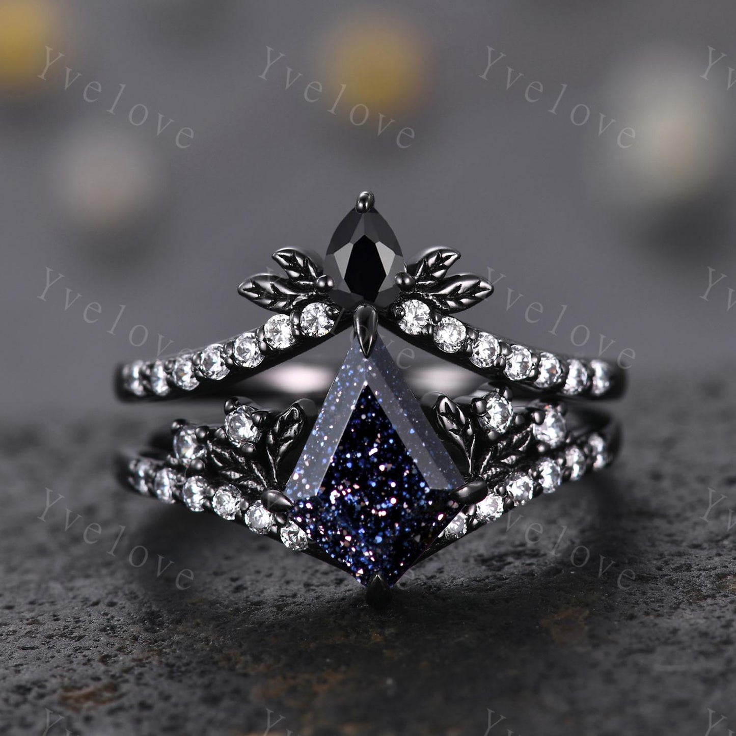 Retro Kite Blue Sandstone Engagement Ring Set,Gothic Leaf Nature Inspired Black Gold Ring,Black Gem Diamond Bridal Ring Women Galaxy Ring