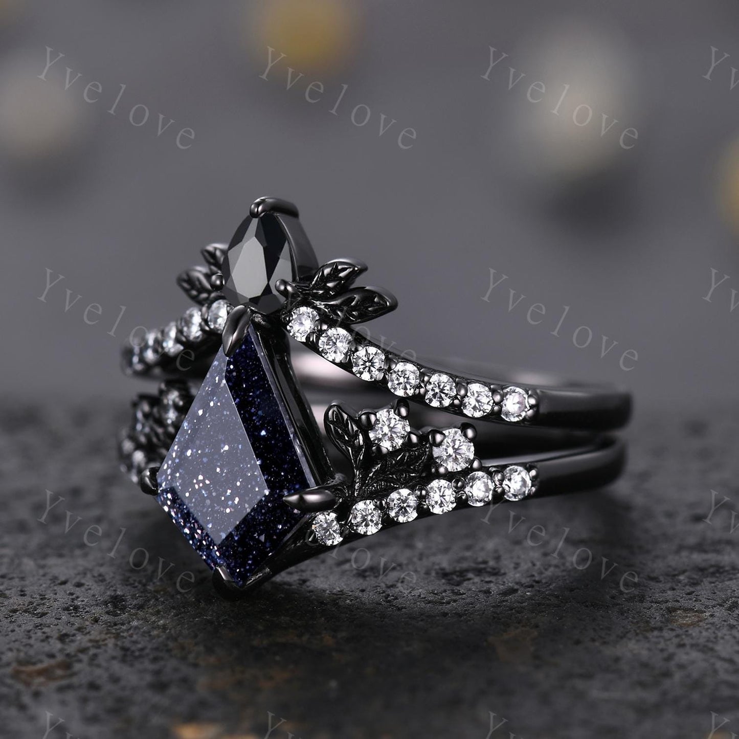 Retro Kite Blue Sandstone Engagement Ring Set,Gothic Leaf Nature Inspired Black Gold Ring,Black Gem Diamond Bridal Ring Women Galaxy Ring