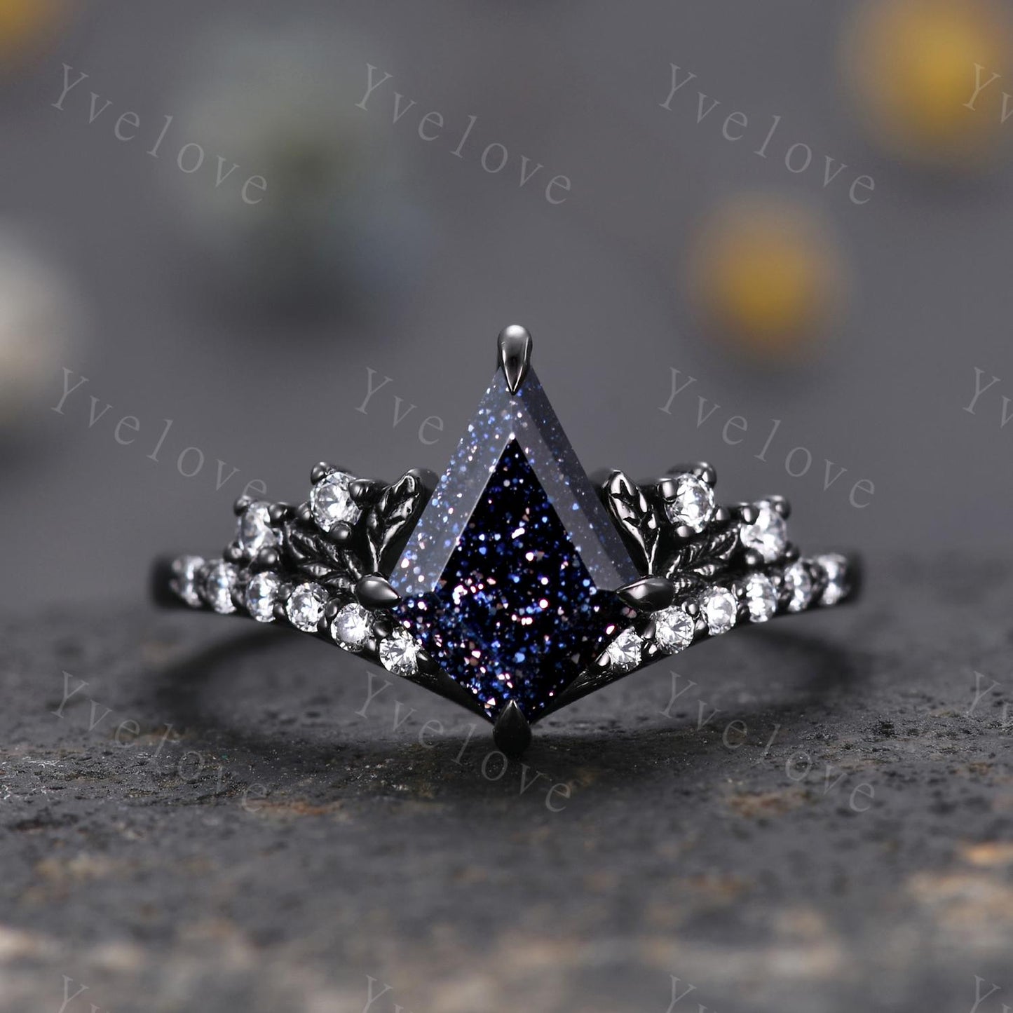 Retro Kite Blue Sandstone Engagement Ring Set,Gothic Leaf Nature Inspired Black Gold Ring,Black Gem Diamond Bridal Ring Women Galaxy Ring