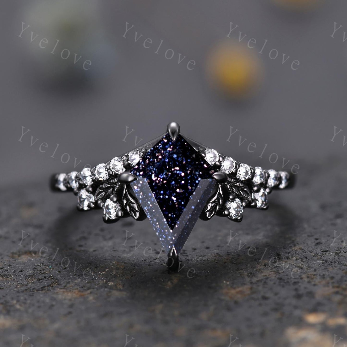 Retro Kite Blue Sandstone Engagement Ring Set,Gothic Leaf Nature Inspired Black Gold Ring,Black Gem Diamond Bridal Ring Women Galaxy Ring