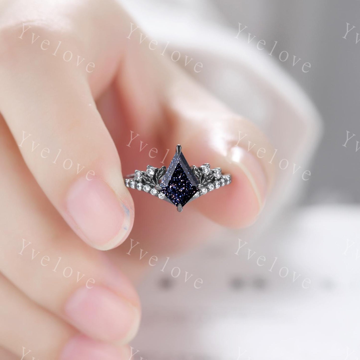 Retro Kite Blue Sandstone Engagement Ring Set,Gothic Leaf Nature Inspired Black Gold Ring,Black Gem Diamond Bridal Ring Women Galaxy Ring